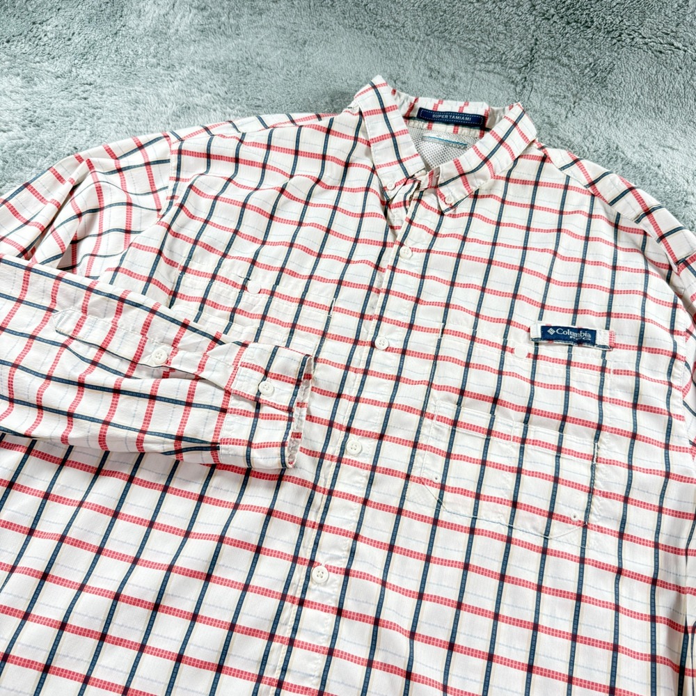 Columbia PFG Super Tamiami Shirt Mens XXL Plaid LS Fishing Red Blue White